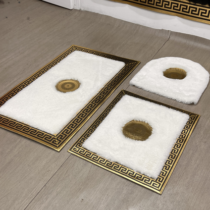 LÜKS GOLD VARAKLI EKRU PELUŞ BANYO PASPAS TAKIMI - Sancak Deri Halı