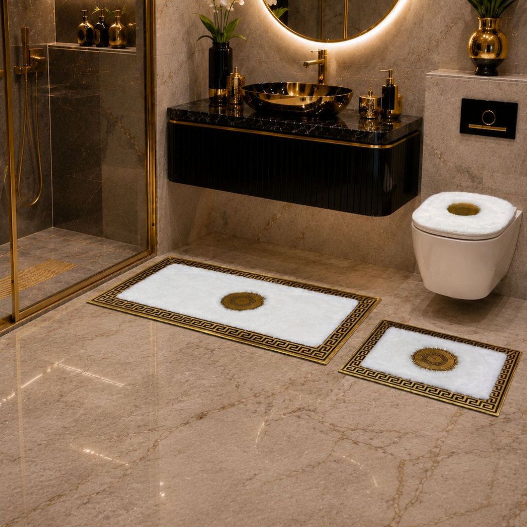 LÜKS GOLD VARAKLI EKRU PELUŞ BANYO PASPAS TAKIMI - Sancak Deri Halı