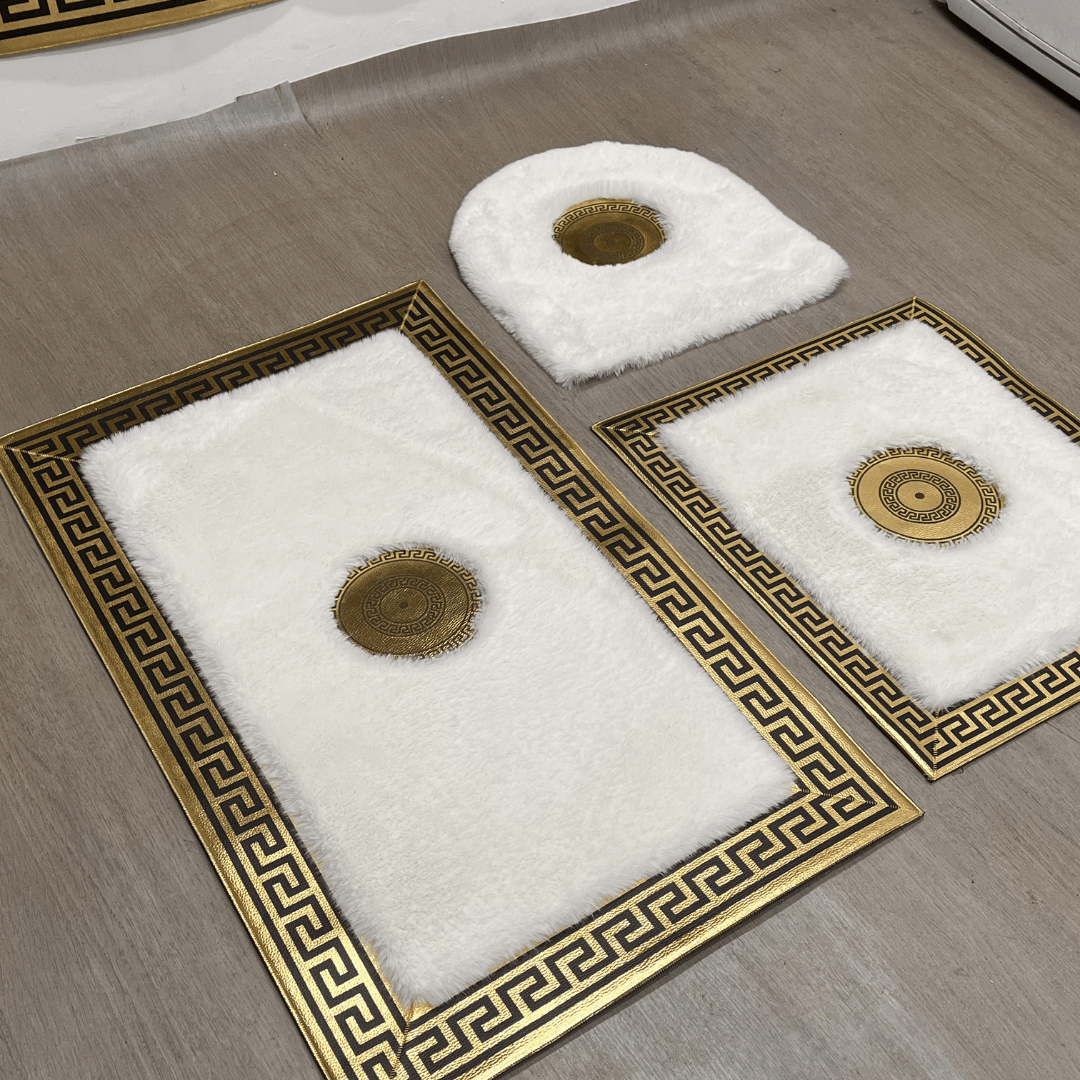 LÜKS GOLD VARAKLI EKRU PELUŞ BANYO PASPAS TAKIMI - Sancak Deri Halı