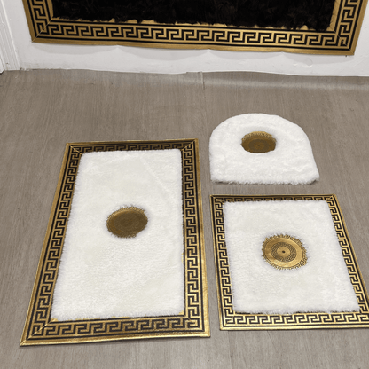 LÜKS GOLD VARAKLI EKRU PELUŞ BANYO PASPAS TAKIMI - Sancak Deri Halı