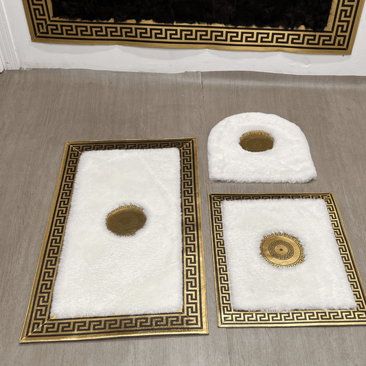 LÜKS GOLD VARAKLI EKRU PELUŞ BANYO PASPAS TAKIMI - Sancak Deri Halı